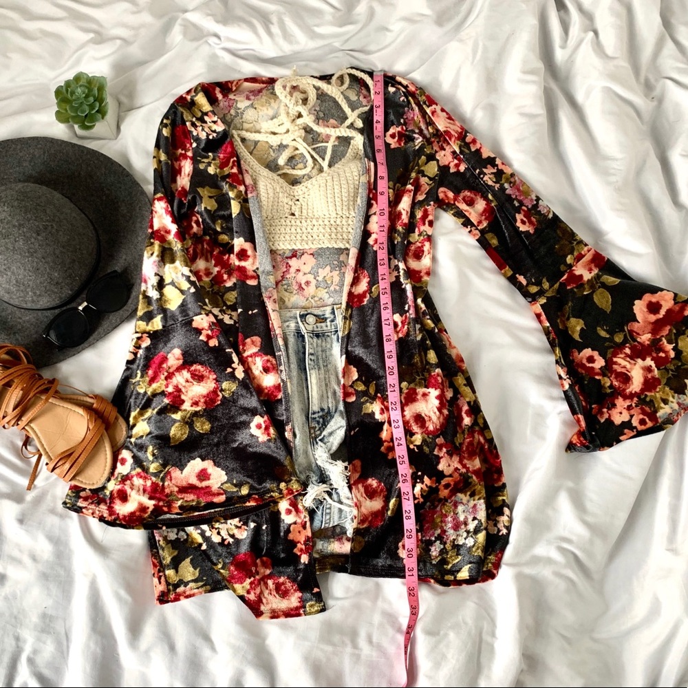 Floral rose grey bell sleeve velvet sweater